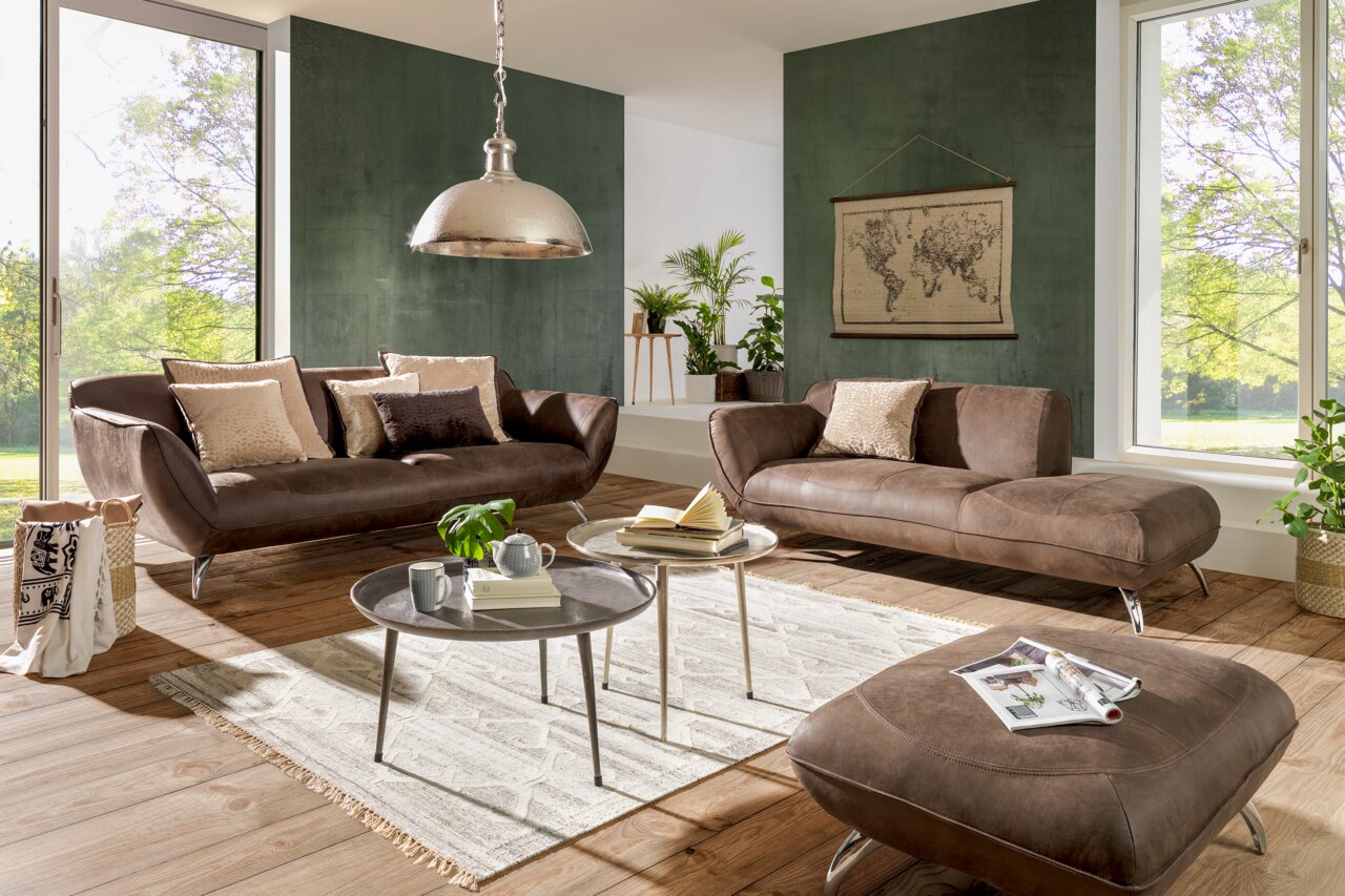 Zwei braune 2-sitzige Sofas in einem modernen Wohnzimmer mit großen Fenstern, grüner Wand und Pflanzen, aus der Frontalperspektive.