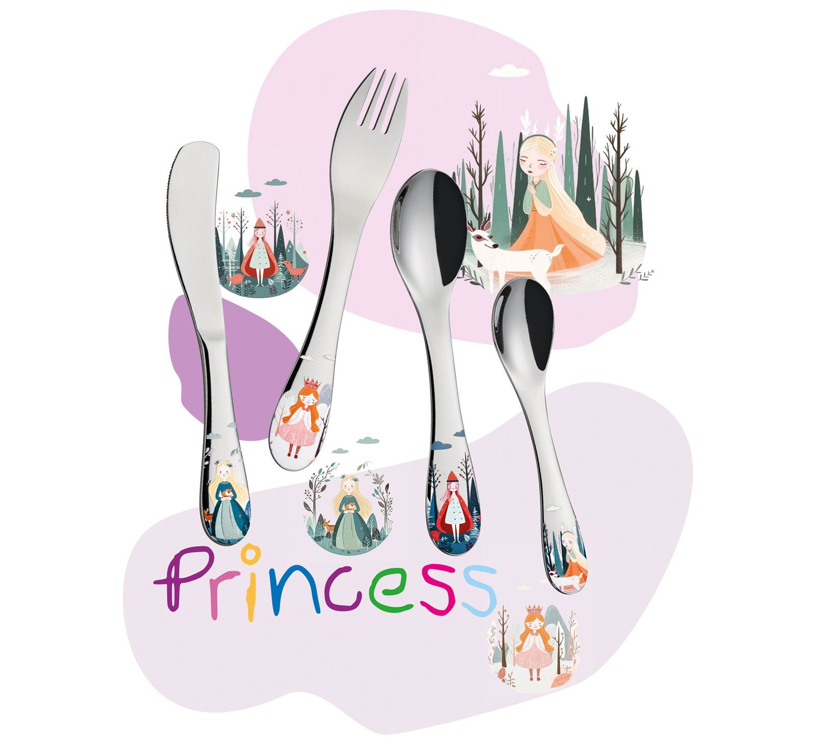 Kinderbesteck PRINCESS 4-tlg. mit bunten Prinzessinnenmotiven, Ansicht von oben
