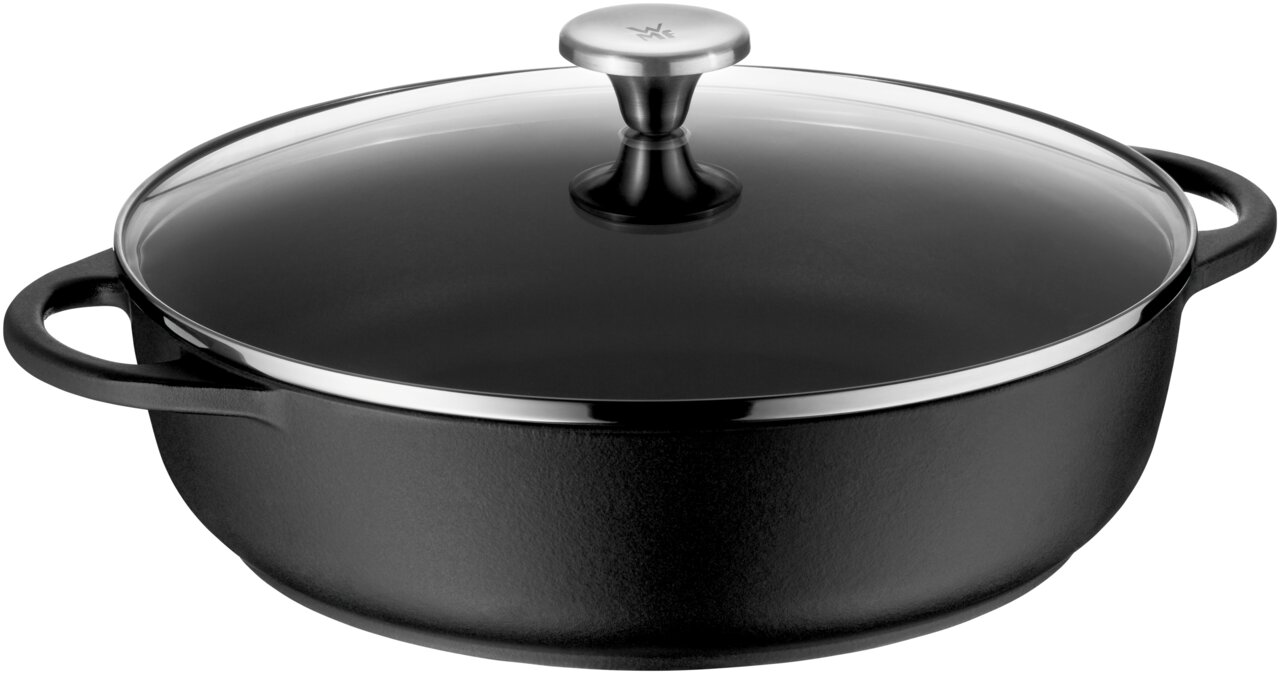 WMF Bauernpfanne 28cm PLATINUM Schwarze Bauernpfanne mit Glasdeckel und zwei Griffen, seitliche Perspektive