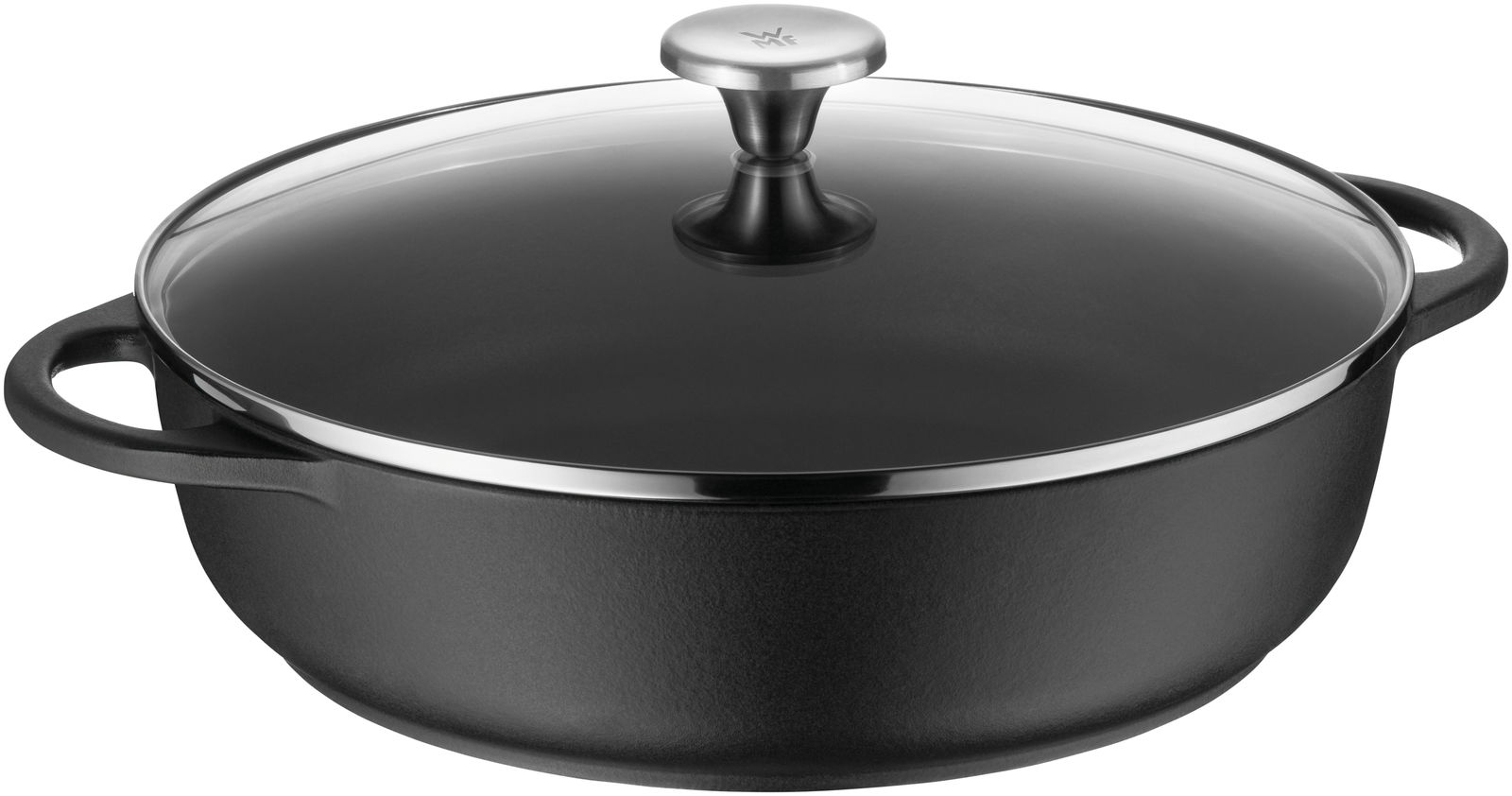 Schwarze Bauernpfanne mit Glasdeckel und zwei Griffen, seitliche Perspektive