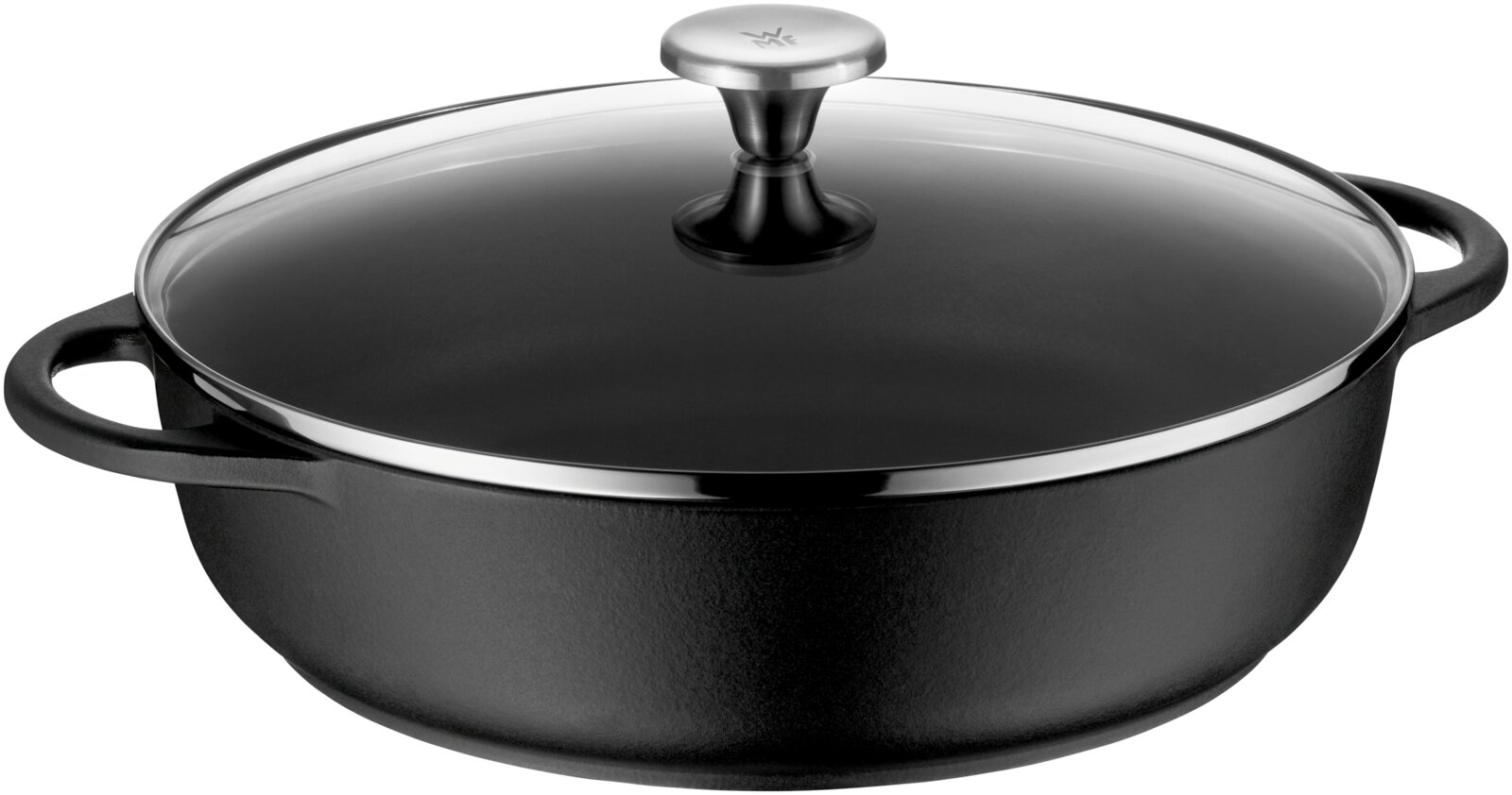 Schwarze Bauernpfanne mit Glasdeckel und zwei Griffen, seitliche Perspektive