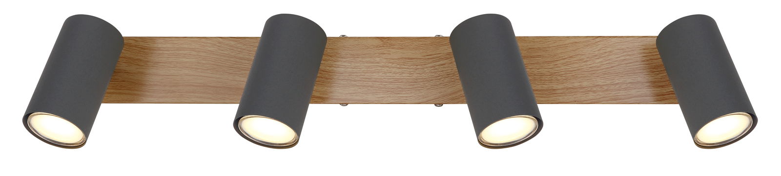 Vierfach-Strahler aus Metall in Graphit dunkel, montiert auf einer Holzleiste, Ansicht von vorne.