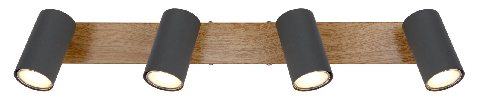 Vierfach-Strahler aus Metall in Graphit dunkel, montiert auf einer Holzleiste, Ansicht von vorne.