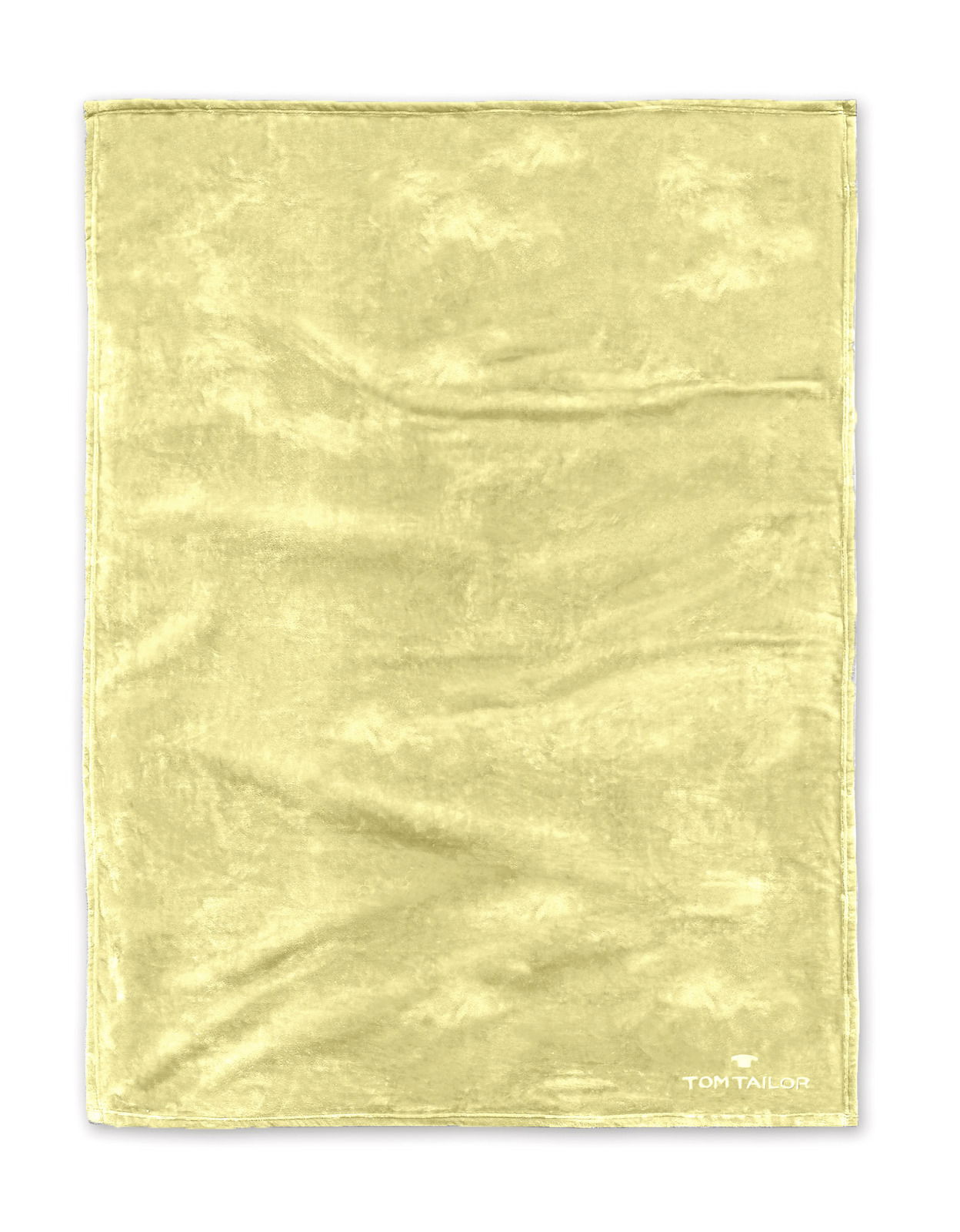 Gelbe Decke mit weicher Textur, von oben betrachtet, mit Tom Tailor Logo in der Ecke.