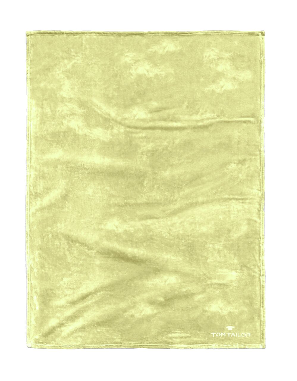 Tom Tailor Decke ANGORINA Gelbe Decke mit weicher Textur, von oben betrachtet, mit Tom Tailor Logo in der Ecke.