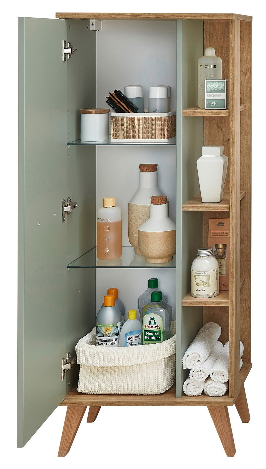 Offener Midischrank mit grüner Tür, gefüllt mit Pflegeprodukten und Reinigungsmitteln, aus der Frontalperspektive.