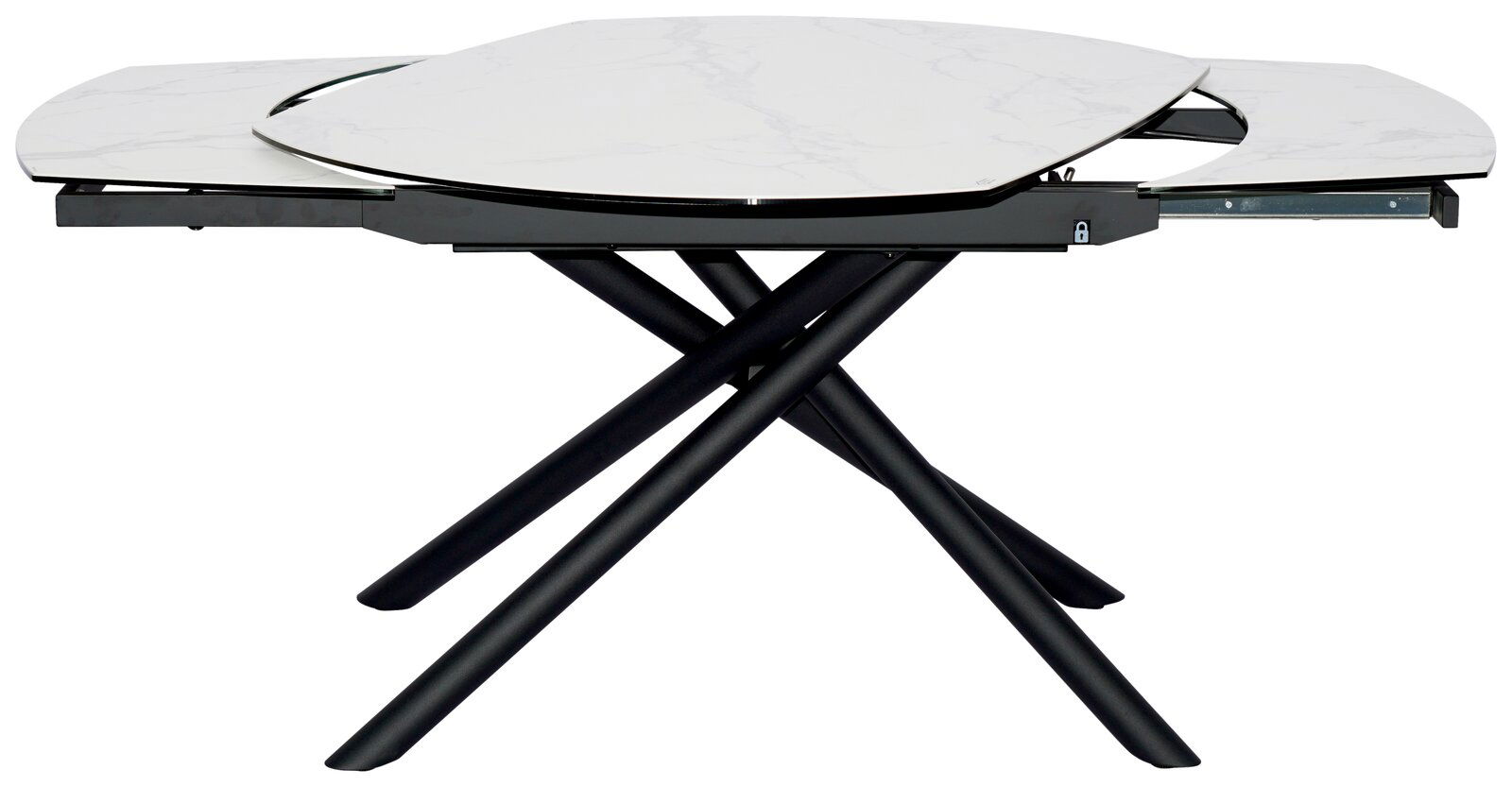 Moderner Esstisch mit ausziehbarer Marmorplatte und schwarzem Kreuzgestell, seitliche Perspektive