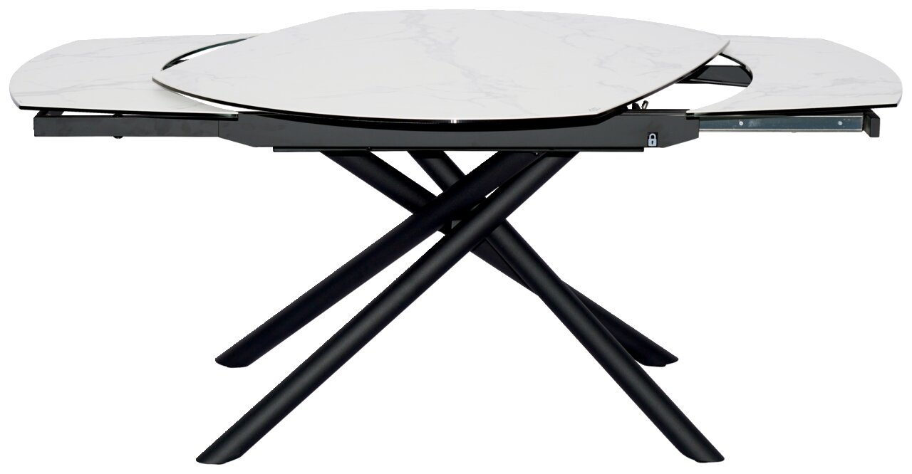 Moderner Esstisch mit ausziehbarer Marmorplatte und schwarzem Kreuzgestell, seitliche Perspektive