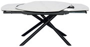 Moderne eettafel met uitschuifbaar marmeren blad en zwart kruisonderstel, zijaanzicht