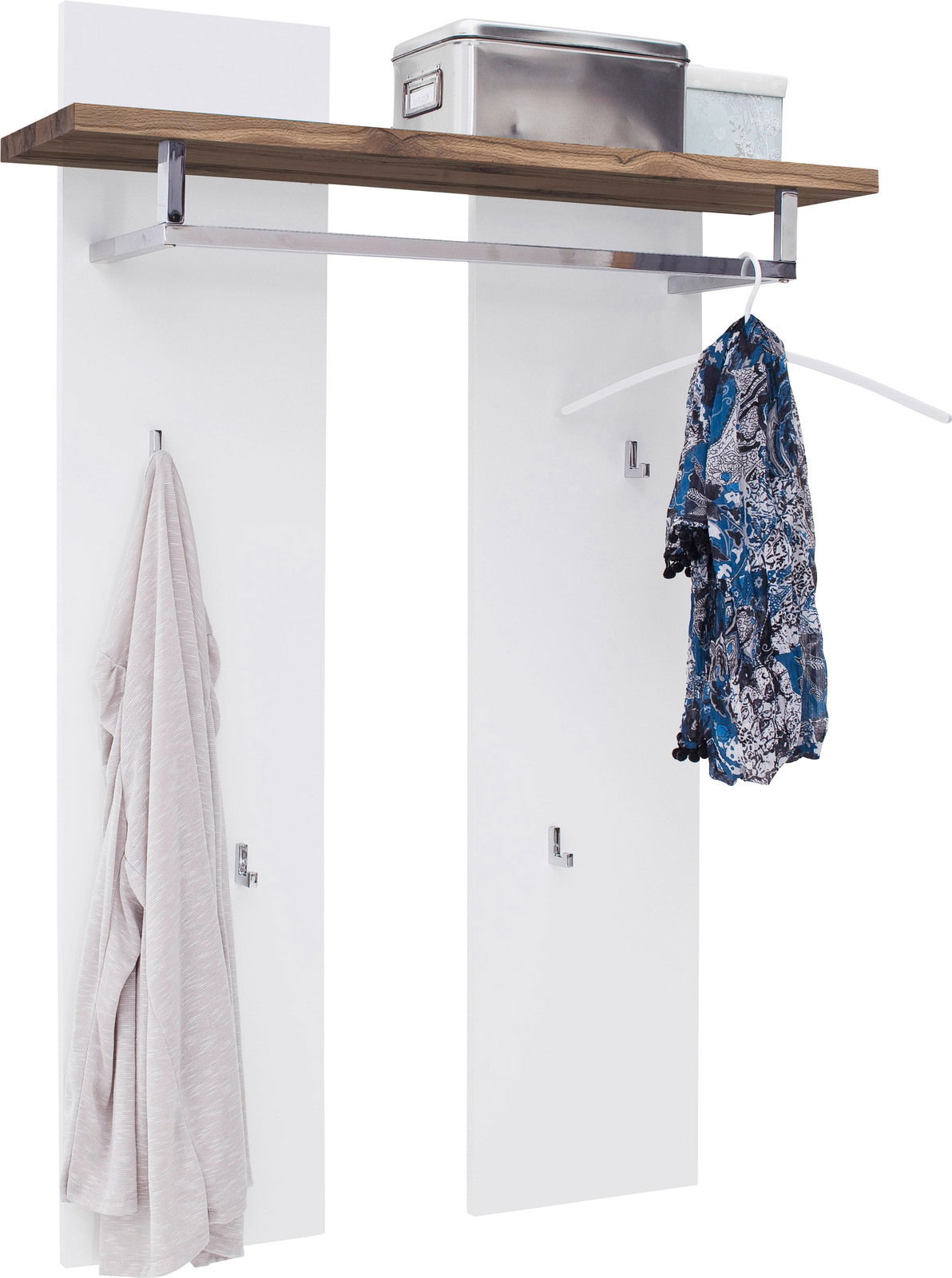 Garderobenpaneel mit zwei weißen Paneelen, einer Holzablage oben, mehreren Haken und einer Kleiderstange. Perspektive: Frontalansicht.