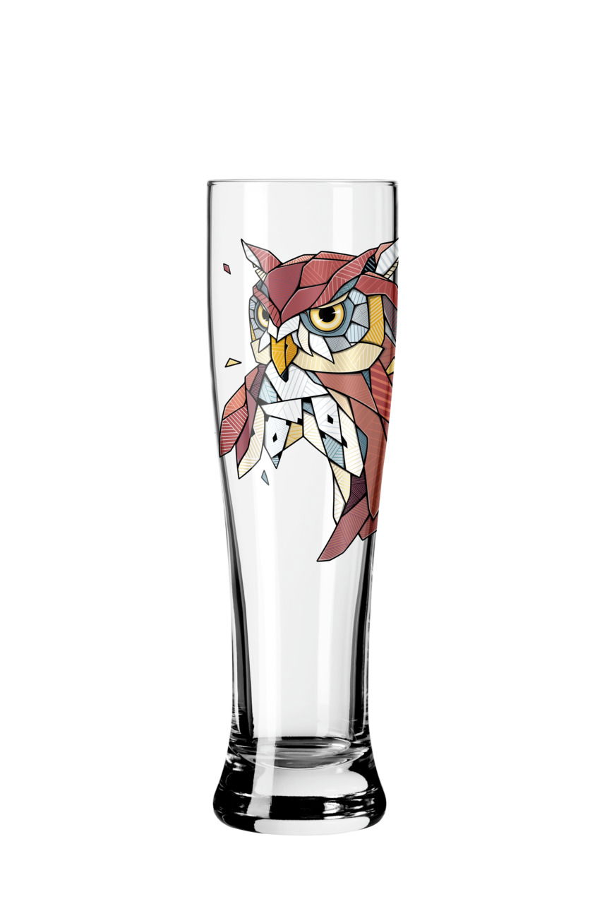 Weizenglas mit bunter Eulenillustration, Frontalansicht