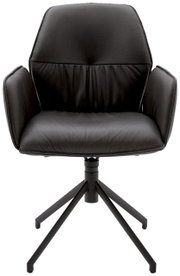 Zwarte fauteuil met gestoffeerde zitting en rugleuning, op een stevig metalen onderstel met vier poten, van voren afgebeeld.