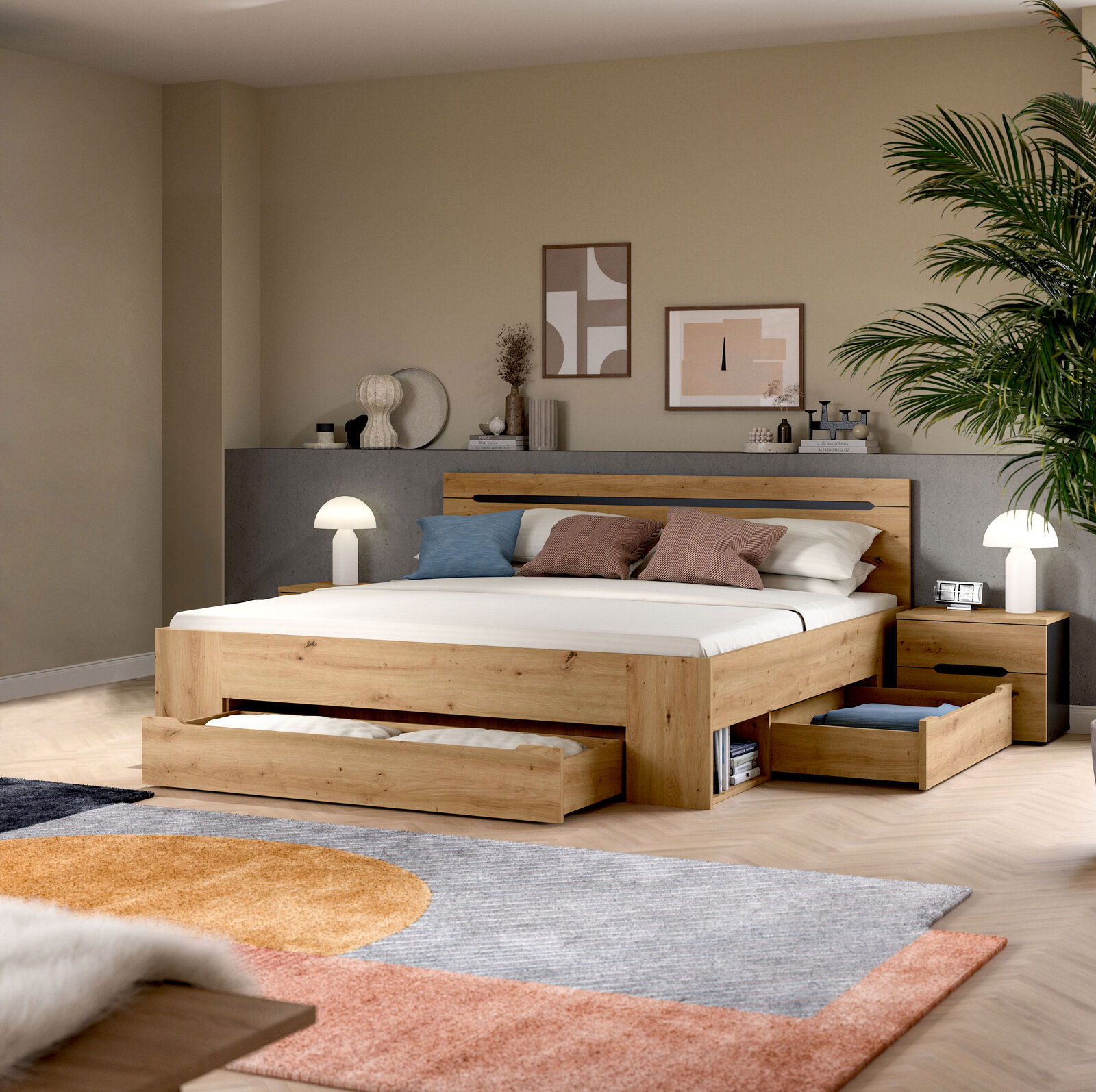 Modernes Holzbett in Eiche-Optik mit gepolstertem Kopfteil, integrierten Schubladen und Nachttischen im Schlafzimmer, gezeigt in frontaler leicht seitlicher Perspektive.