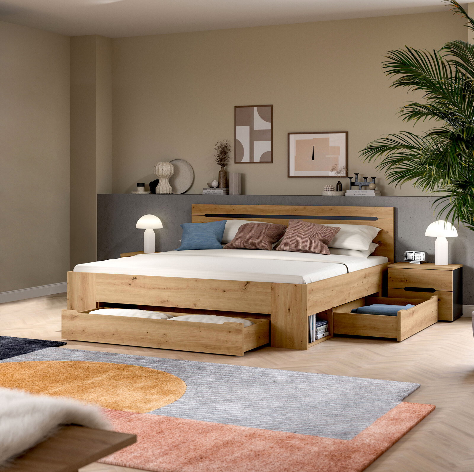 Modernes Holzbett in Eiche-Optik mit gepolstertem Kopfteil, integrierten Schubladen und Nachttischen im Schlafzimmer, gezeigt in frontaler leicht seitlicher Perspektive.