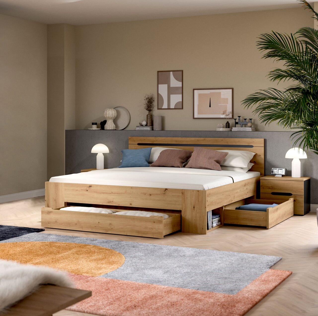 Modernes Holzbett in Eiche-Optik mit gepolstertem Kopfteil, integrierten Schubladen und Nachttischen im Schlafzimmer, gezeigt in frontaler leicht seitlicher Perspektive.