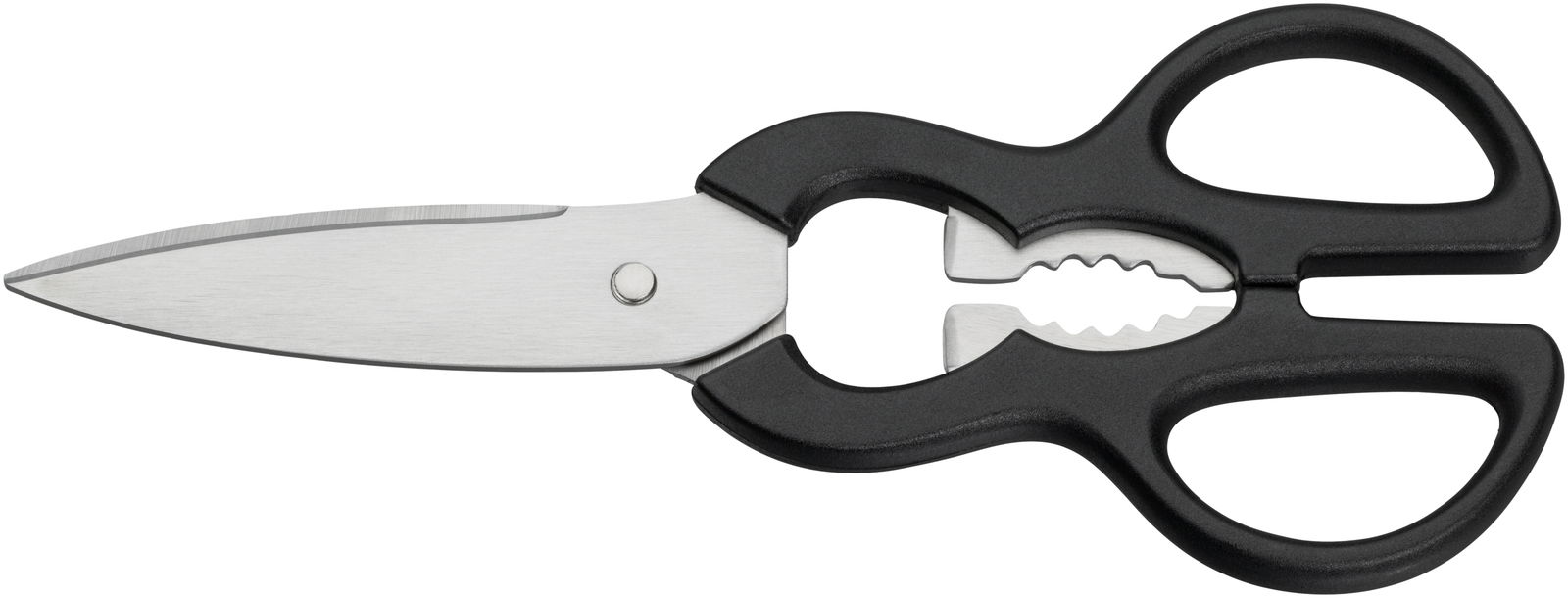 Küchenschere mit schwarzem Griff und Edelstahlklingen, seitliche Ansicht