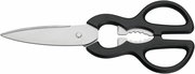 Küchenschere mit schwarzem Griff und Edelstahlklingen, seitliche Ansicht