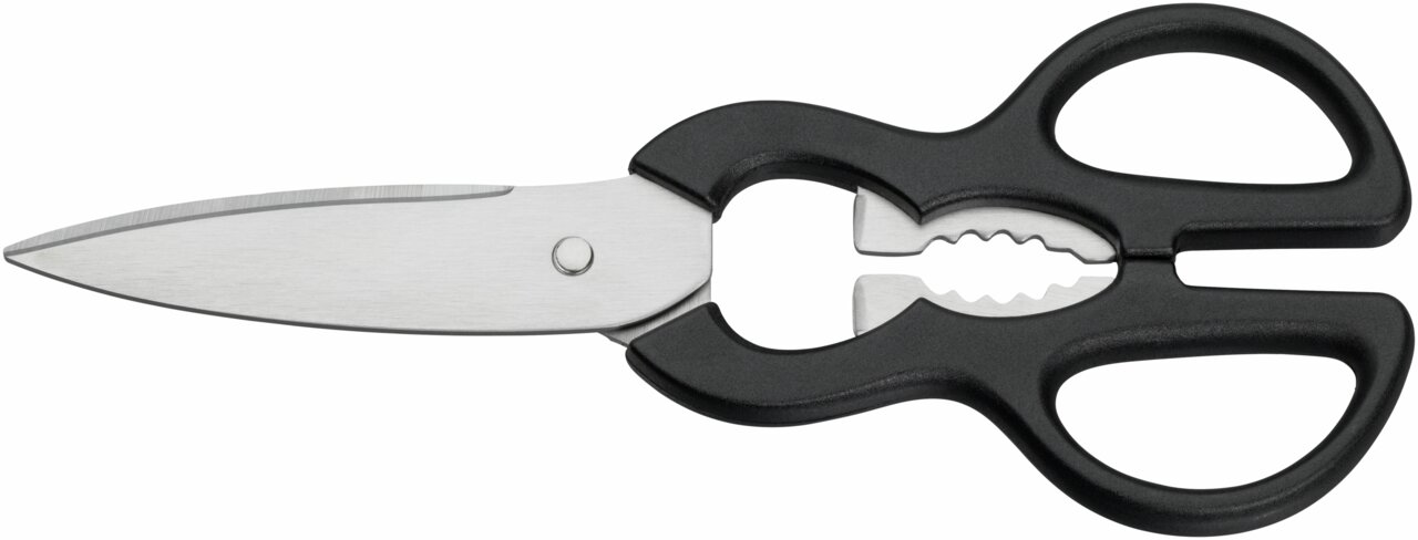 Küchenschere mit schwarzem Griff und Edelstahlklingen, seitliche Ansicht