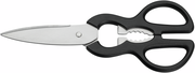 Küchenschere mit schwarzem Griff und Edelstahlklingen, seitliche Ansicht