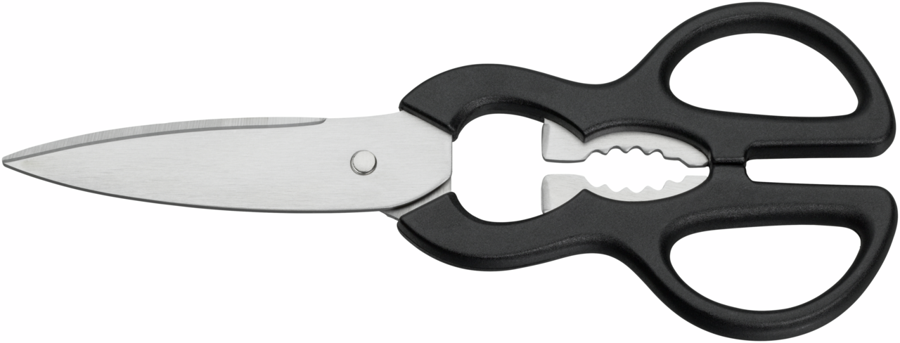 Küchenschere mit schwarzem Griff und Edelstahlklingen, seitliche Ansicht