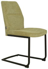 Moderner Freischwinger-Stuhl mit olivgrünem Stoffbezug und schwarzem Metallgestell, seitliche Perspektive