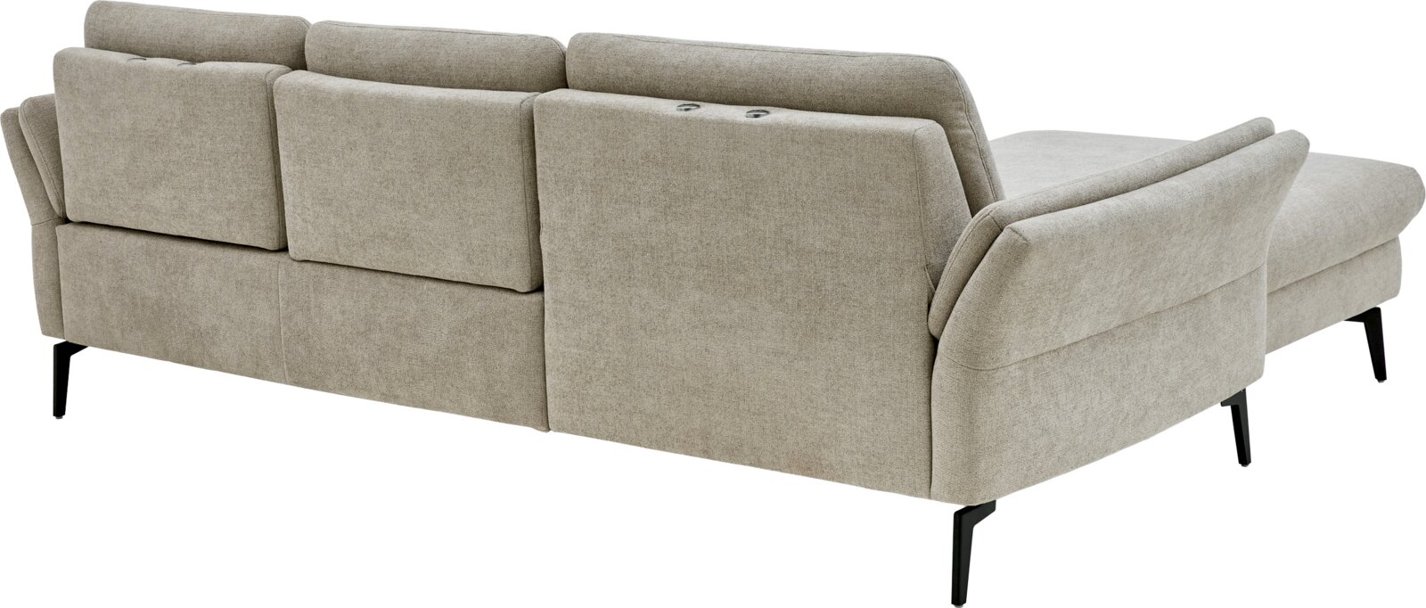Musterring Longchair-combinatie MR 1370 Beige stoffen hoekbank met chaise longue en zwarte poten, achteraanzicht in schuin perspectief