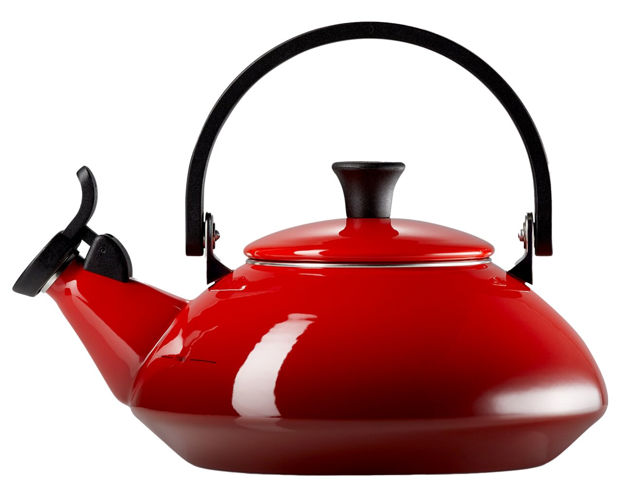Roter Wasserkessel Zen mit schwarzem Griff, seitliche Perspektive