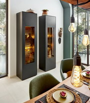 Twee moderne, zwarte vitrinekasten met glazen deuren, die vanaf de zijkant te zien zijn in een stijlvolle eetkamer met decoratieve elementen en warme verlichting.