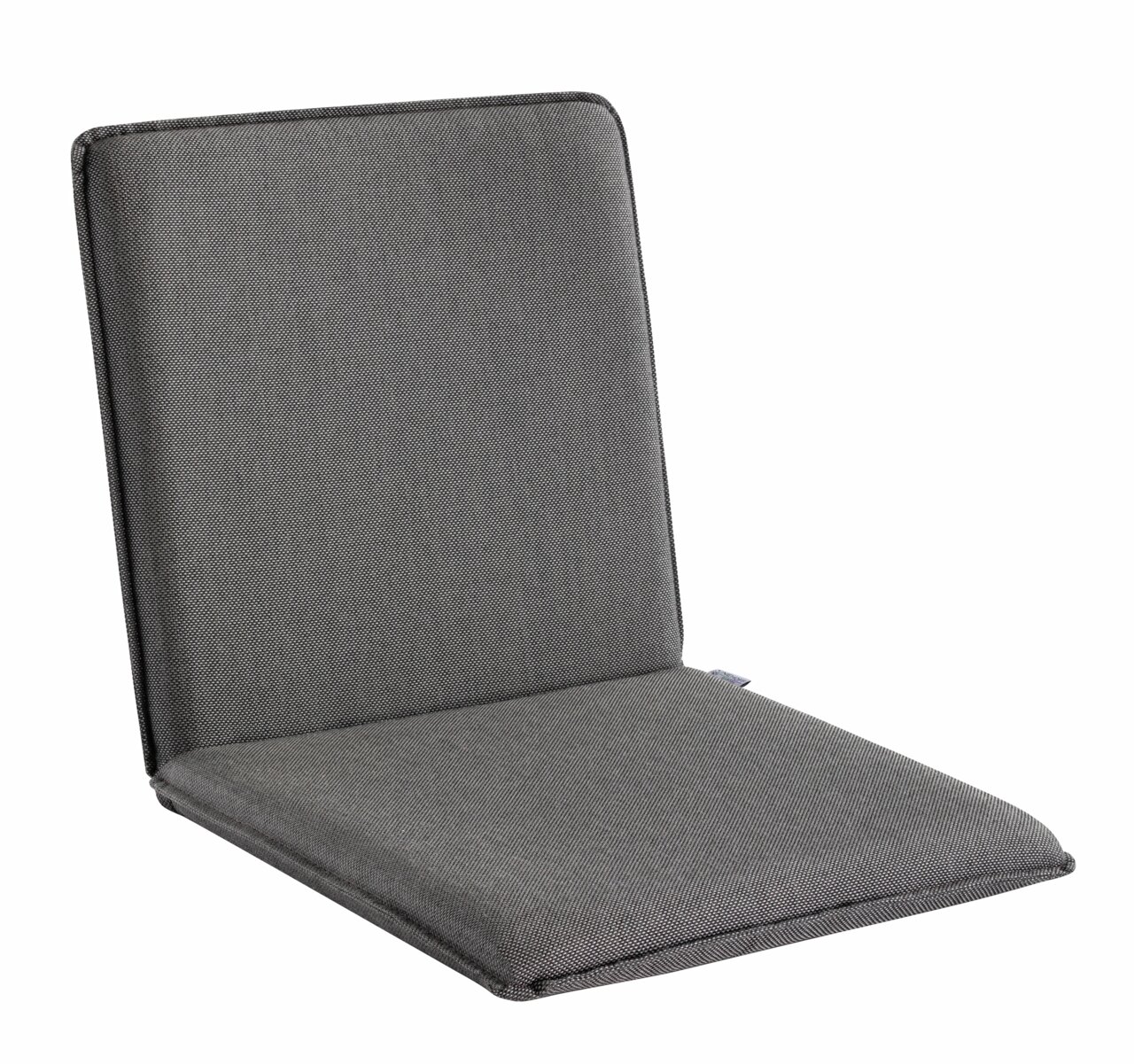 Graue Sitzschale aus Stoff, seitliche Perspektive