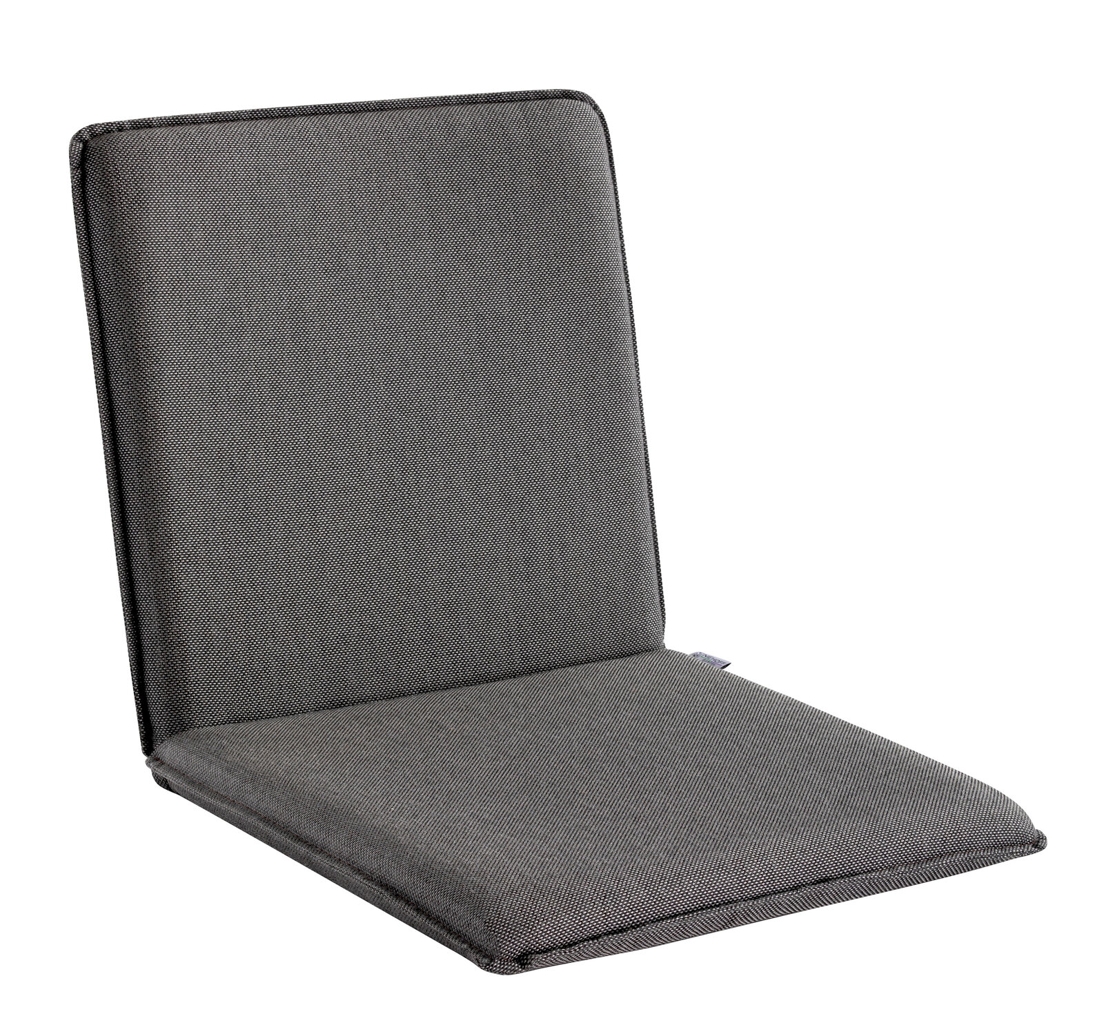 Graue Sitzschale aus Stoff, seitliche Perspektive