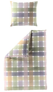Beddengoedset met kussensloop en dekbedovertrek in een groot ruitpatroon met zachte groen-, lila-, roze-, beige- en grijstinten, van voren en schuin van boven weergegeven