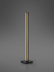 LED-Stehleuchte mit Holzoptik und schwarzem Sockel, frontal betrachtet