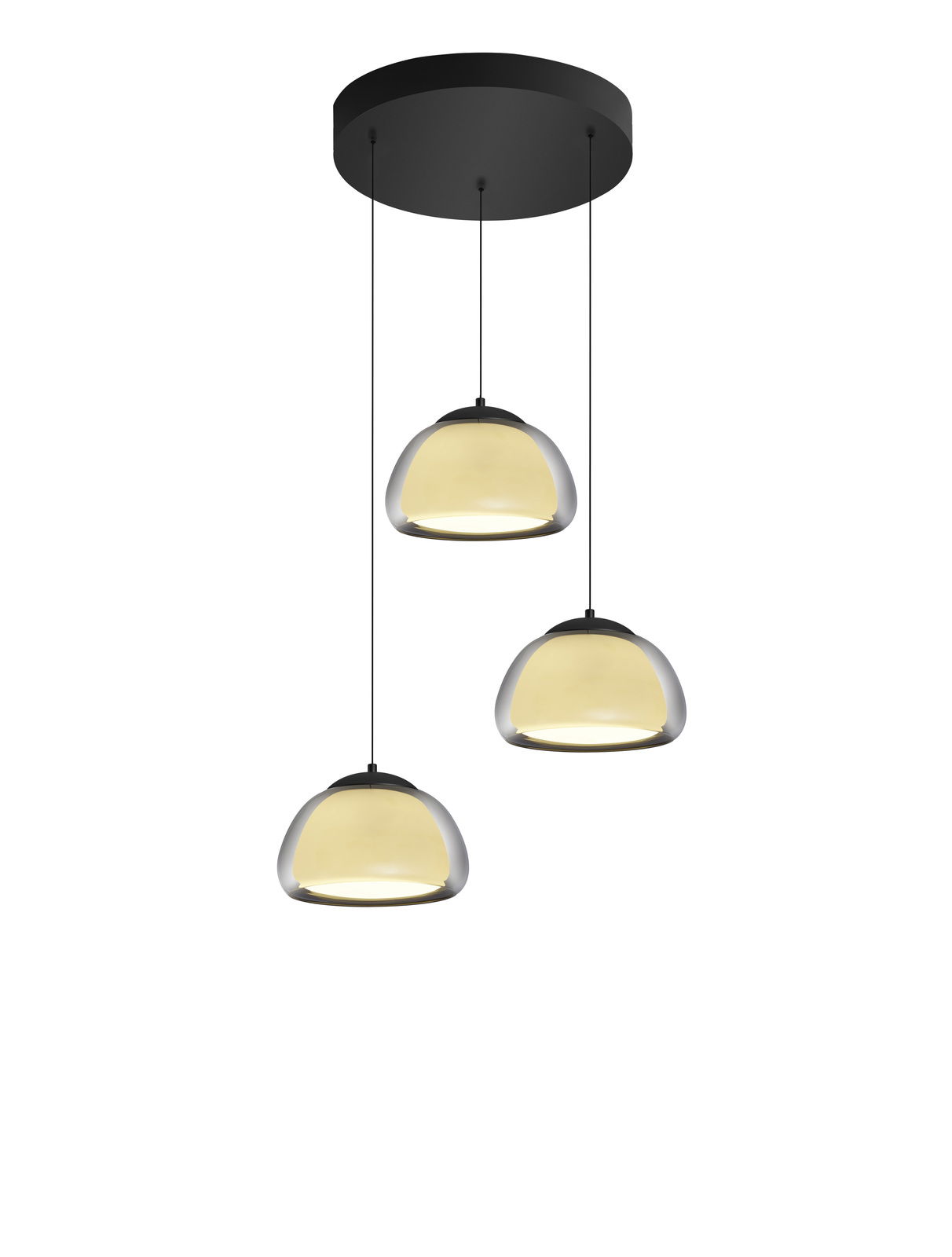 Dreiflammige LED-Pendelleuchte LUXXO in schwarzer Deckenhalterung, seitliche Perspektive