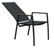 Moderner schwarzer Stapelstuhl mit Armlehnen aus Holz, seitliche Perspektive