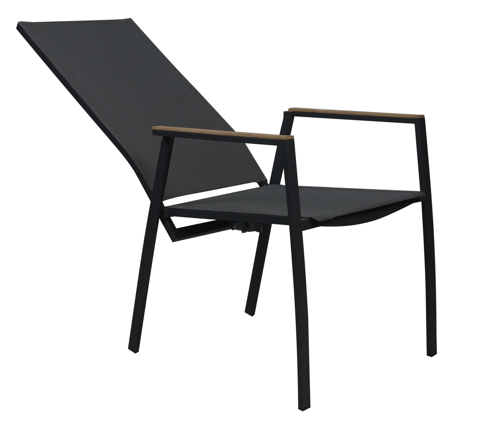 Moderner schwarzer Stapelstuhl mit Armlehnen aus Holz, seitliche Perspektive