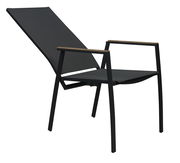 Moderner schwarzer Stapelstuhl mit Armlehnen aus Holz, seitliche Perspektive