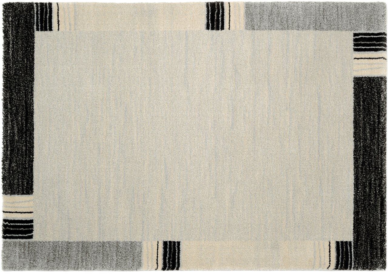 Frisé-Teppich in Draufsicht mit grauem und schwarzem Randmuster auf hellem Hintergrund.