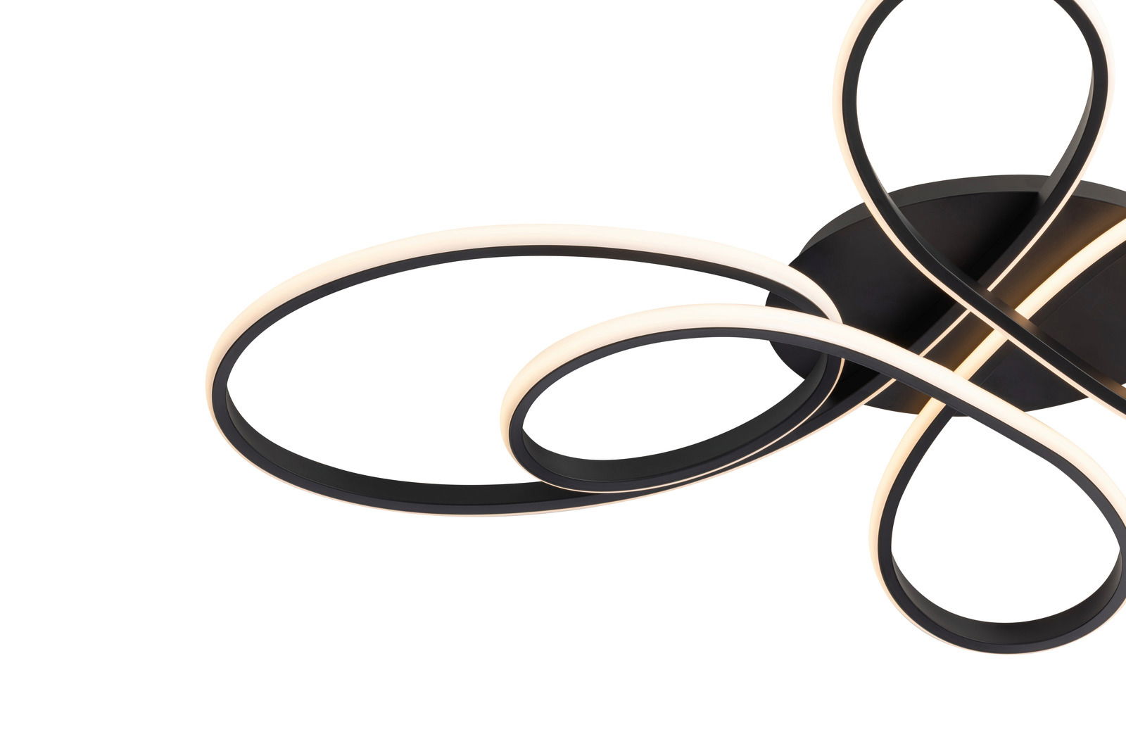 Moderne LED-Deckenleuchte mit geschwungenem Design, seitliche Perspektive