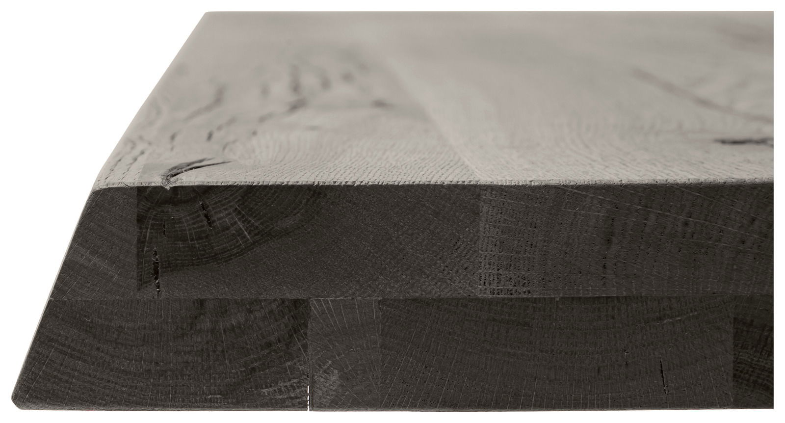 Nahaufnahme einer Tischplatte aus Holz mit sichtbarer Maserung und Kantenansicht