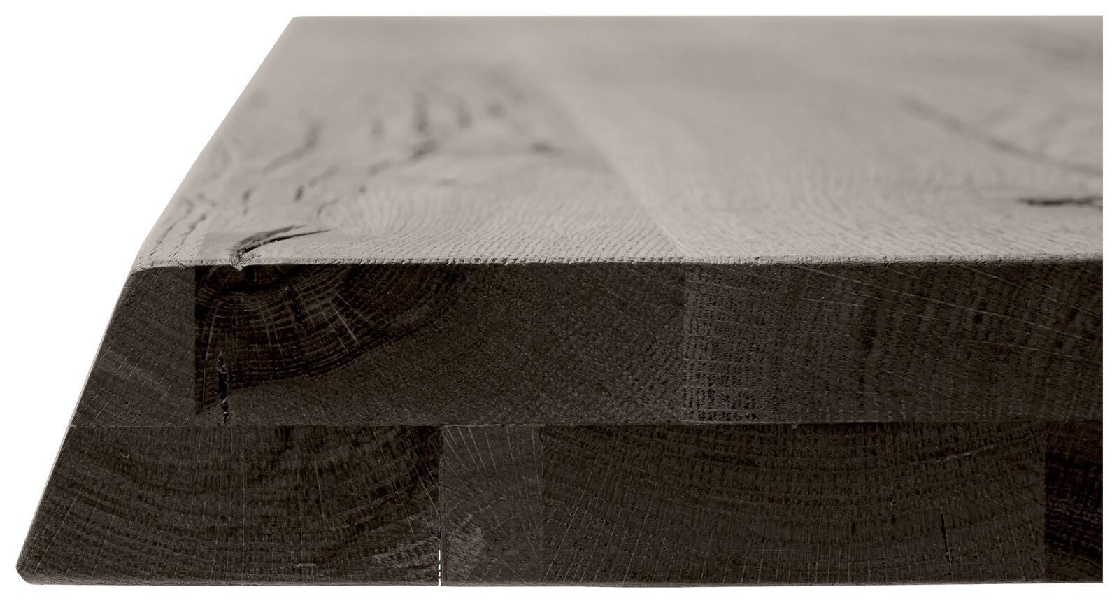 Nahaufnahme einer Tischplatte aus Holz mit sichtbarer Maserung und Kantenansicht