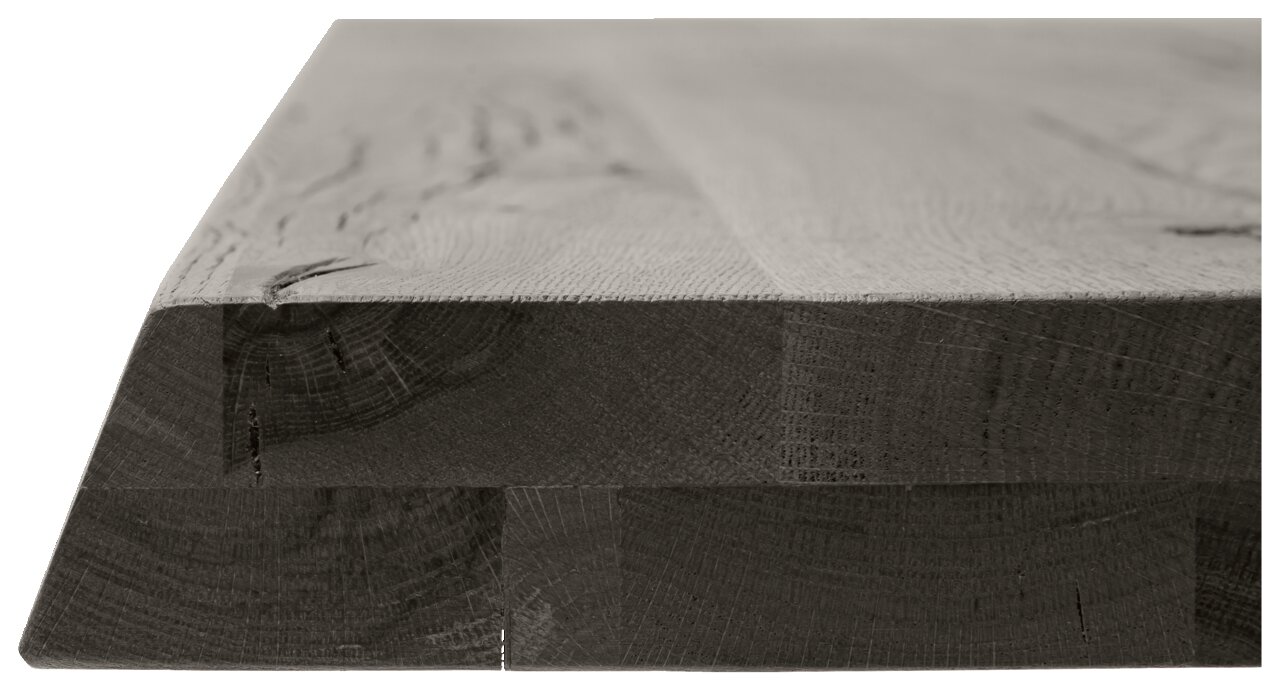 Nahaufnahme einer Tischplatte aus Holz mit sichtbarer Maserung und Kantenansicht