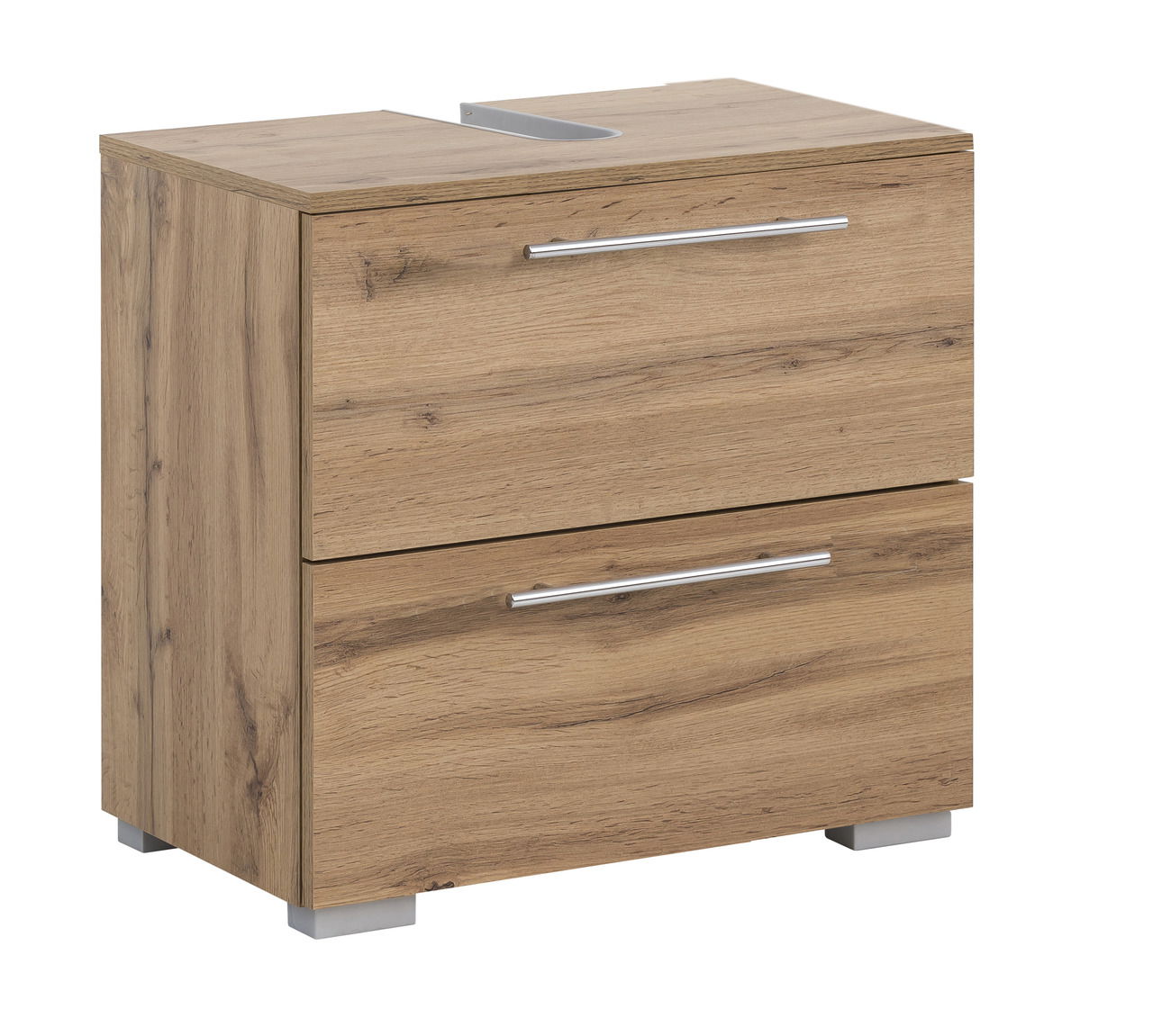 Waschbeckenunterschrank aus Holz mit zwei Schubladen und silbernen Griffen, seitliche Perspektive