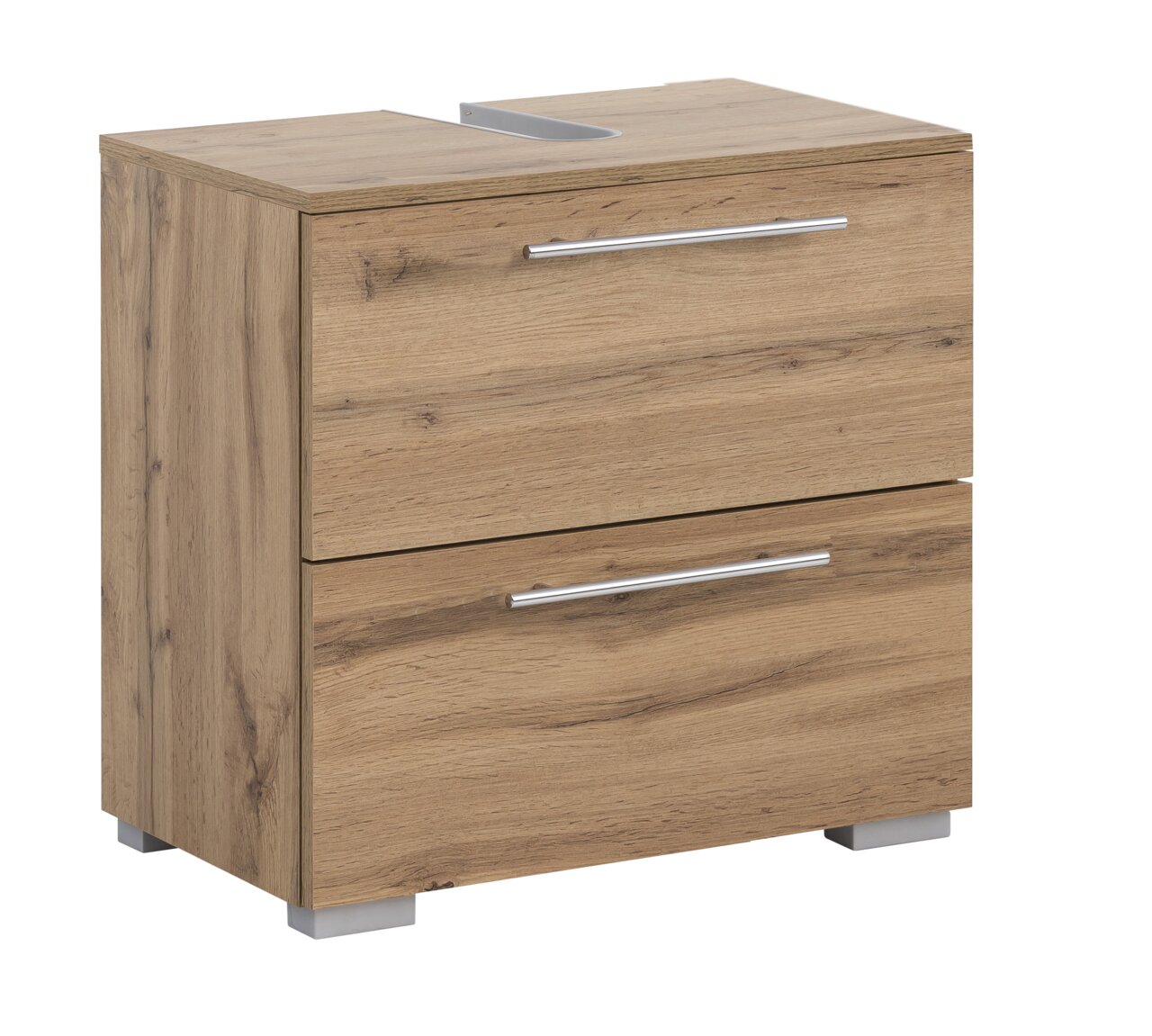 Waschbeckenunterschrank aus Holz mit zwei Schubladen und silbernen Griffen, seitliche Perspektive