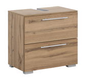 Waschbeckenunterschrank aus Holz mit zwei Schubladen und silbernen Griffen, seitliche Perspektive