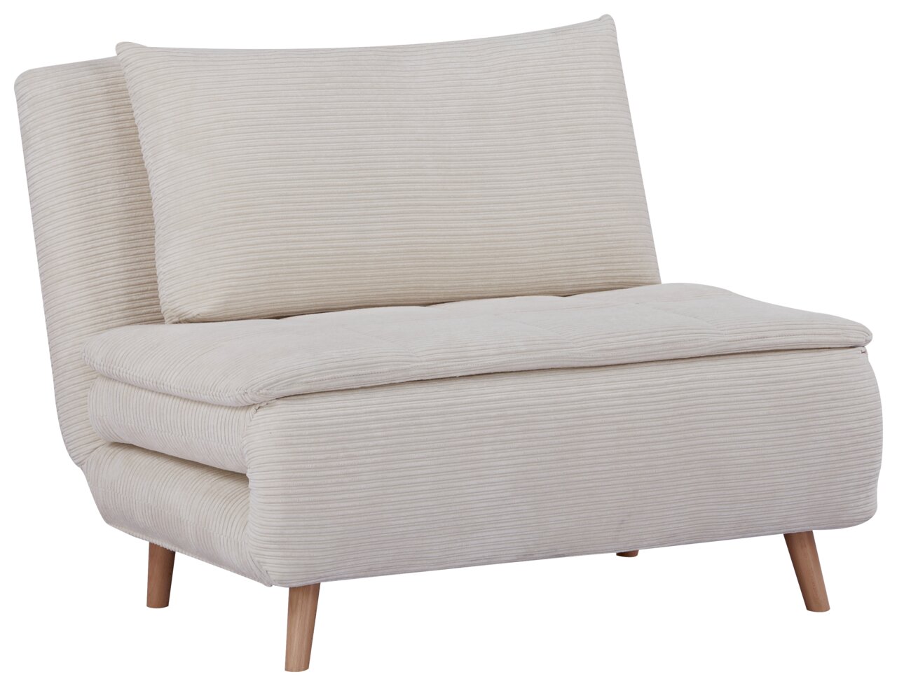 Beiger Funktionssessel mit Holzbeinen, seitliche Perspektive