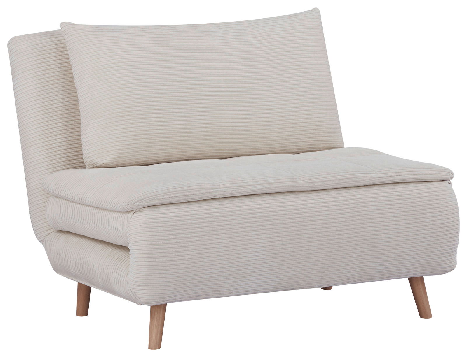 Beiger Funktionssessel mit Holzbeinen, seitliche Perspektive