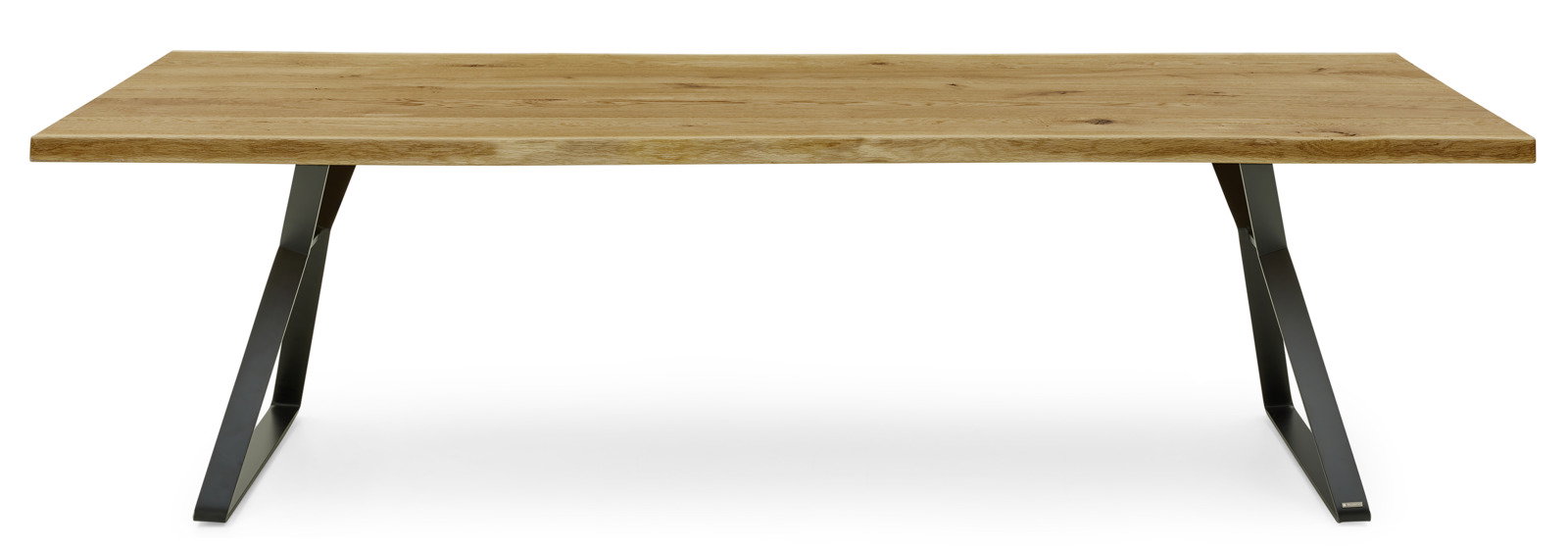 Moderner Esstisch aus Holz mit Metallbeinen, Frontalansicht