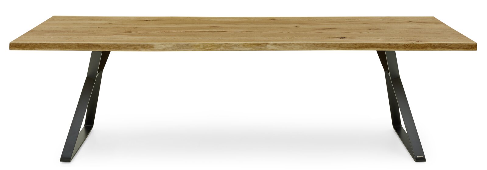 Moderner Esstisch aus Holz mit Metallbeinen, Frontalansicht