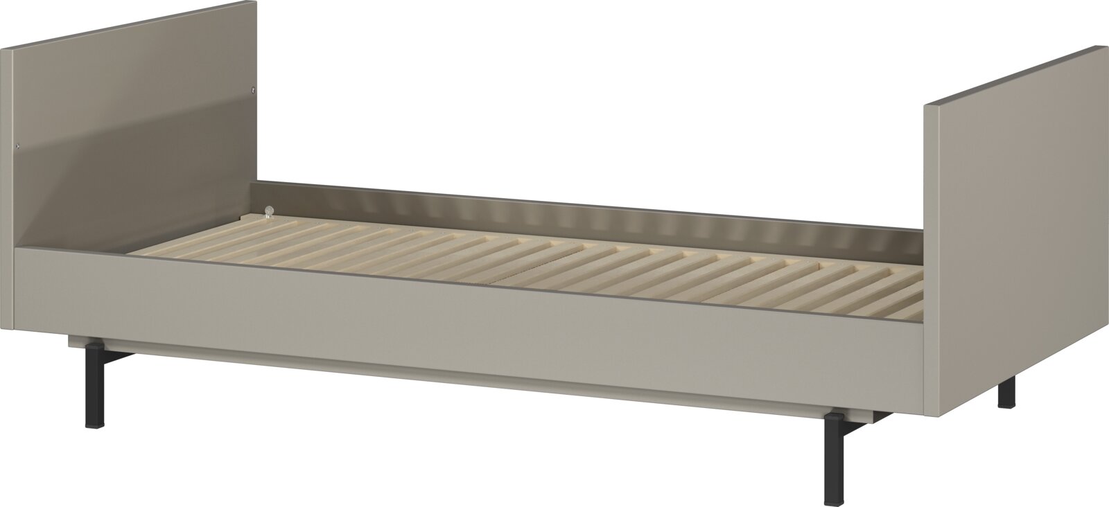 Seitliche Ansicht eines modernen Babybetts mit Lattenrost, in neutralem Design.