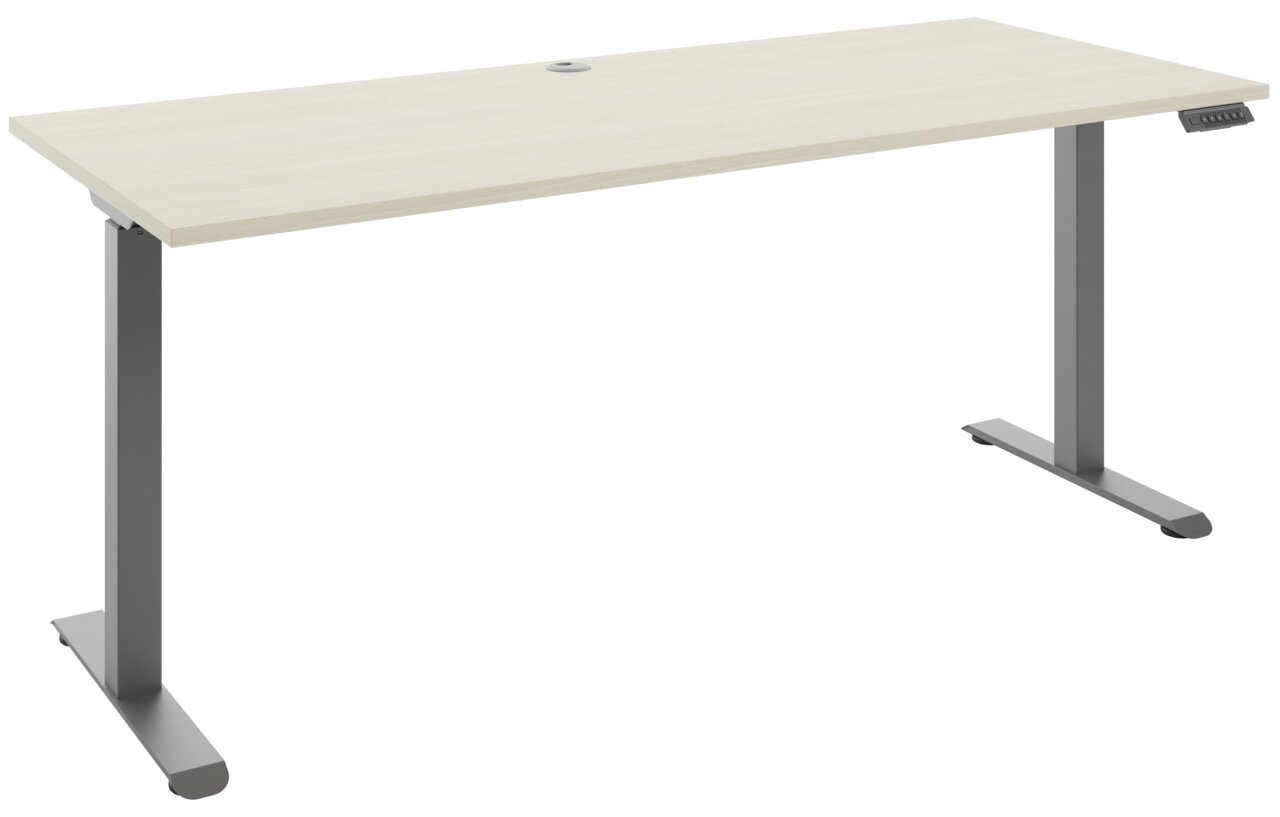 Moderner höhenverstellbarer E-Schreibtisch mit hellem Holzfurnier und grauen Metallbeinen, seitliche Perspektive